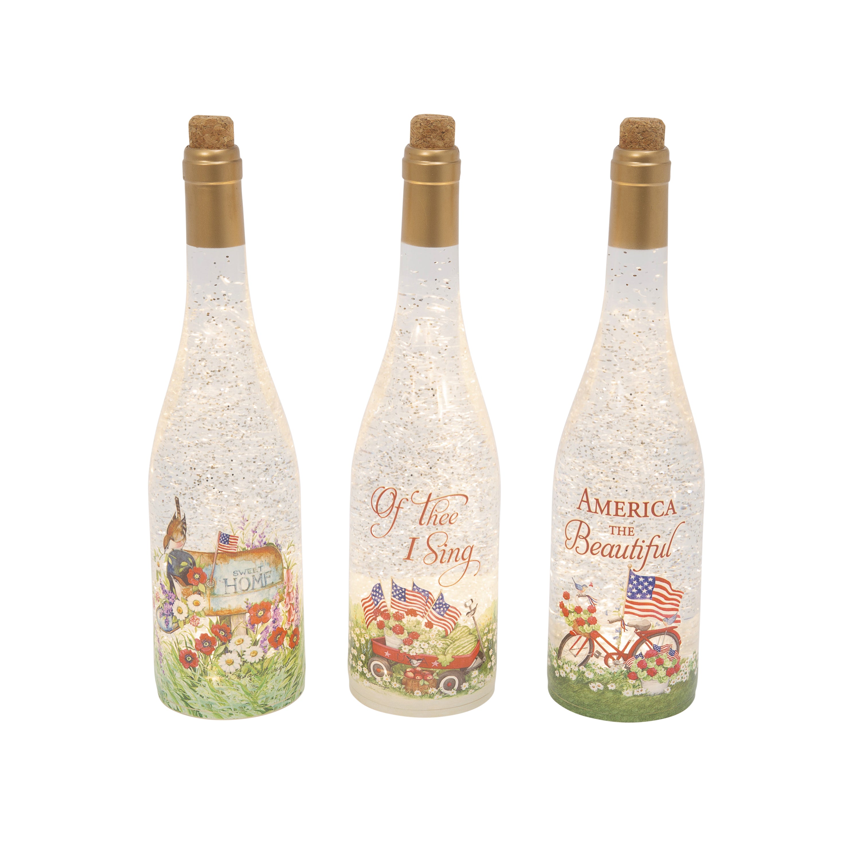 12.5 Inch Lighted Spinning Water Globe Bottles with Americana Design and Timer Set of 3